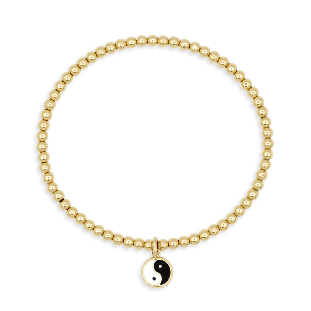Earthly Abundance Yin Yang Charm Bracelet with black and white beads and silver yin-yang pendant on a delicate chain.