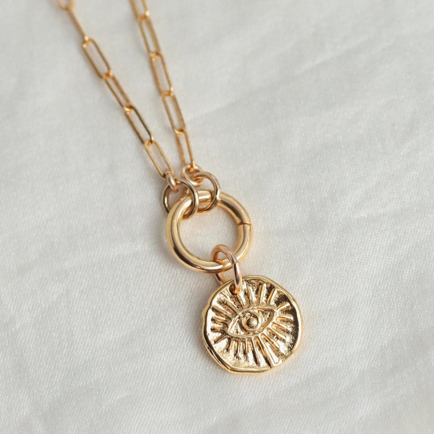 Evil Eye Necklace Set | Paperclip Chain Necklace | 10mm Push Lock Carabiner Clasp | Charm Holder Necklace | Layering Necklace