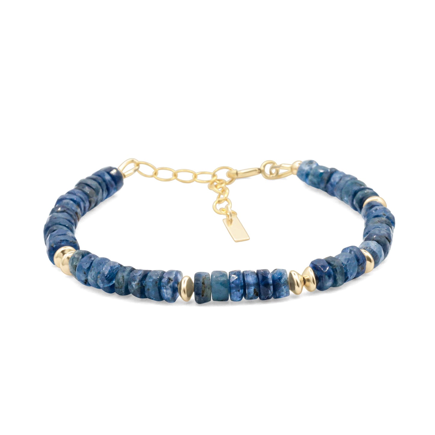 Kyanite Heishi bracelet with 14K gold-filled accents from Earthly Abundance, featuring small blue stones and gold beads.
