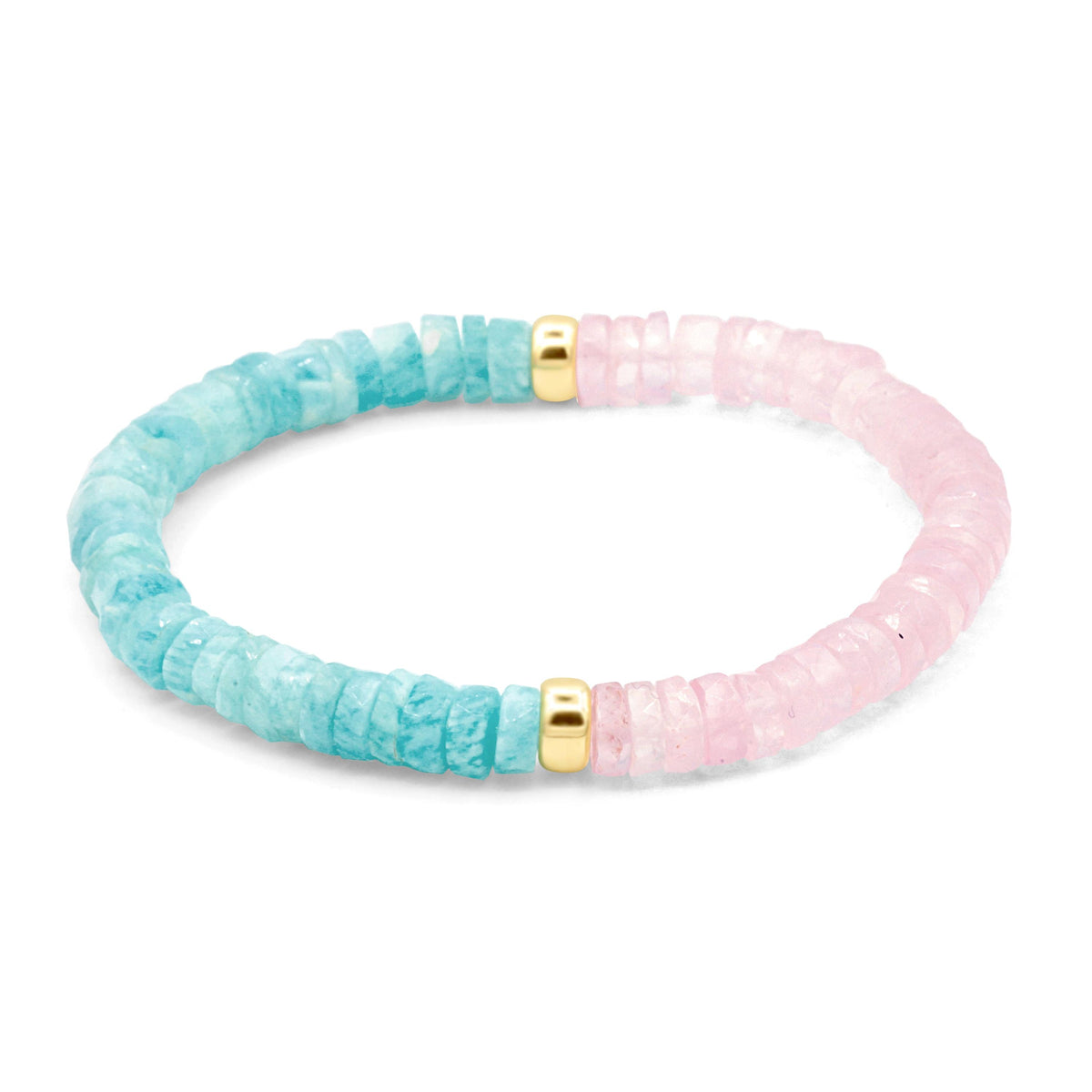 Amazonite and rose quartz heishi bracelet featuring natural stone beads and a stretchy cord for a stylish, boho accessory.