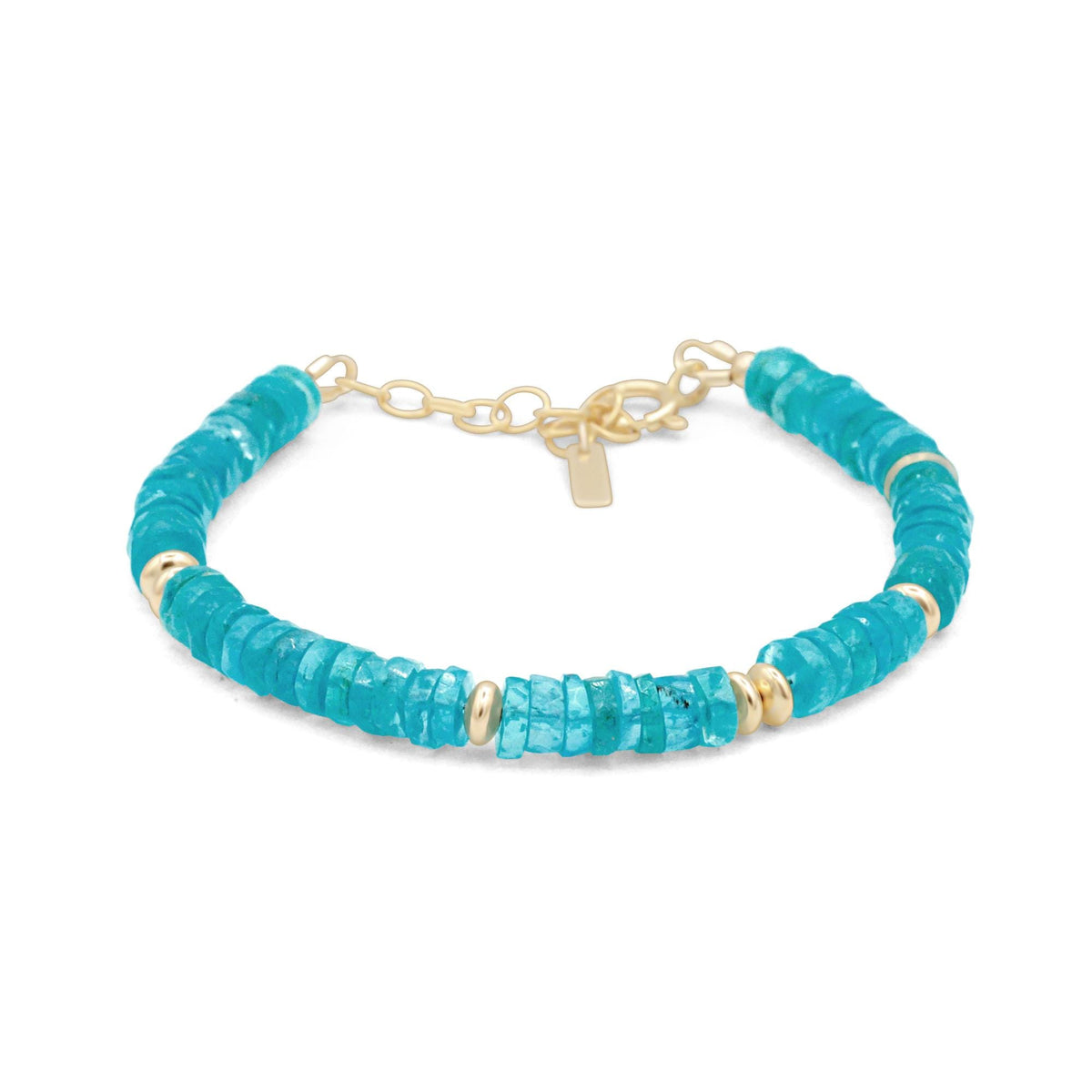 Neon Apatite bracelet with vibrant blue-green stones on a silver chain, by Earthly Abundance.