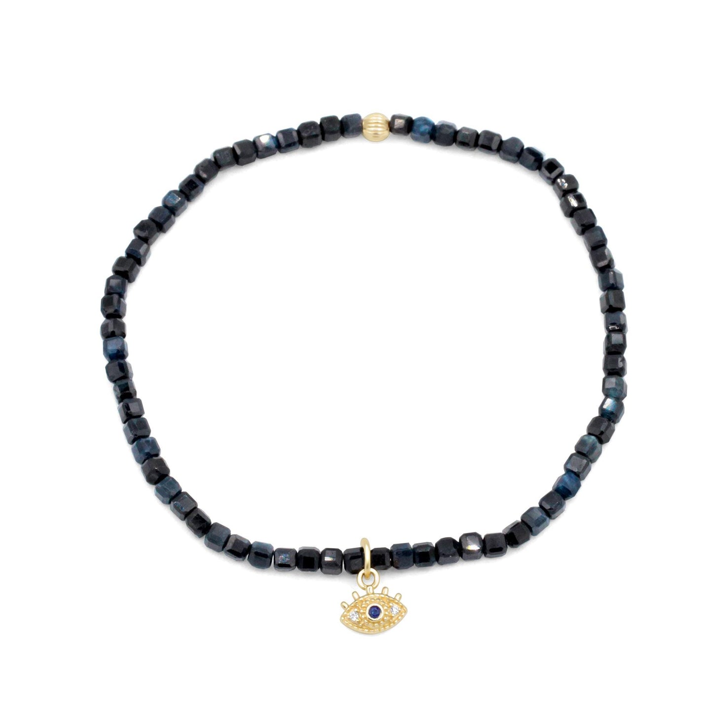 Blue sapphire cube bracelet from Earthly Abundance with a diamond evil eye charm, featuring a sleek and elegant jewelry design.
