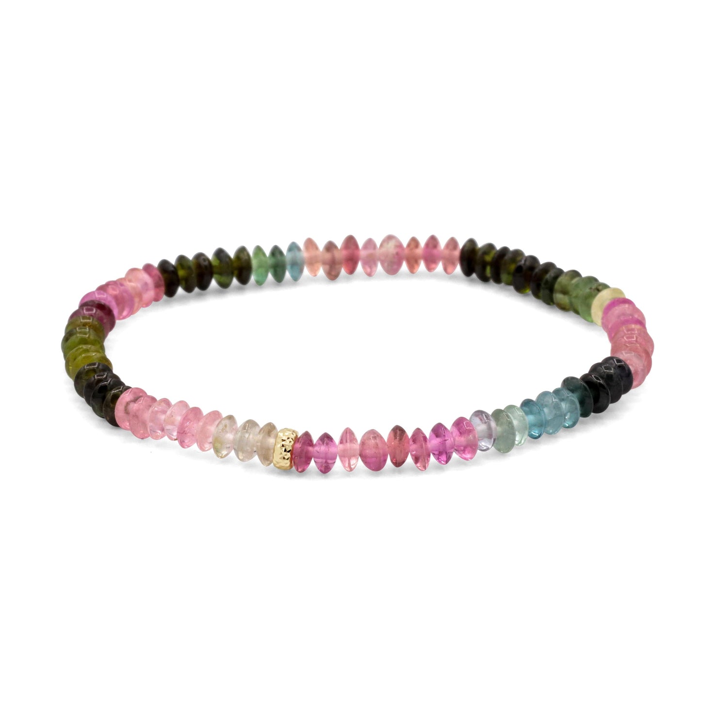 Mixed tourmaline smooth rondel bracelet in 14K gold, featuring colorful gemstone beads on a delicate jewelry chain.