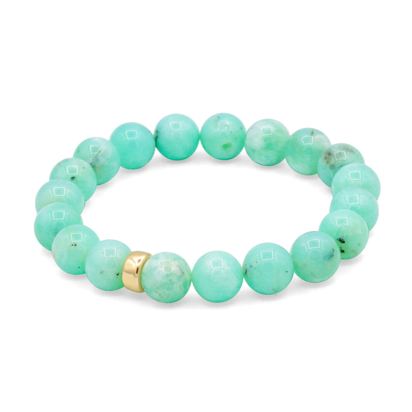 Chrysoprase bracelet featuring polished green stones set in 14K gold with a secure clasp, crafted by Earthly Abundance.