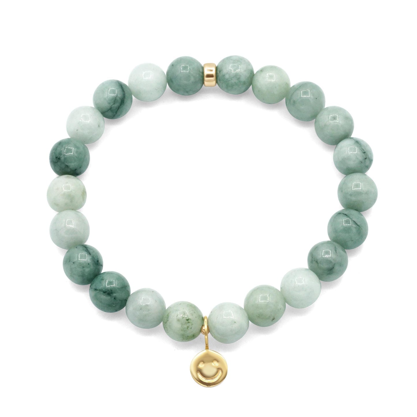 Burmese Jade 8mm round gemstone beads from Earthly Abundance, showcasing smooth, polished green jade with natural variations.