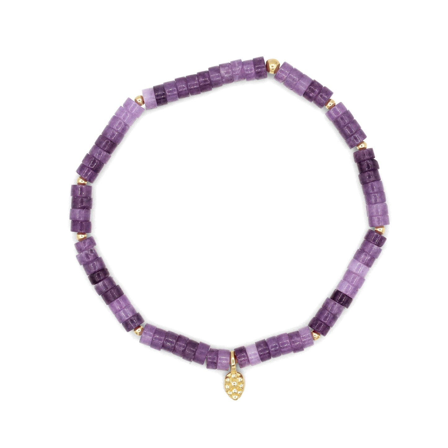 Lepidolite Heishi bracelet by Earthly Abundance featuring smooth, round purple stones strung on a stretchable cord.
