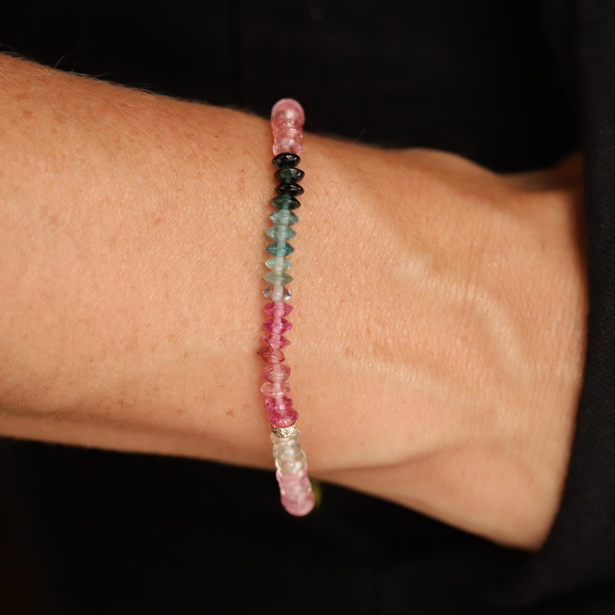 Mixed tourmaline smooth rondel bracelet with 14K gold accents by Earthly Abundance, featuring colorful gemstone beads.