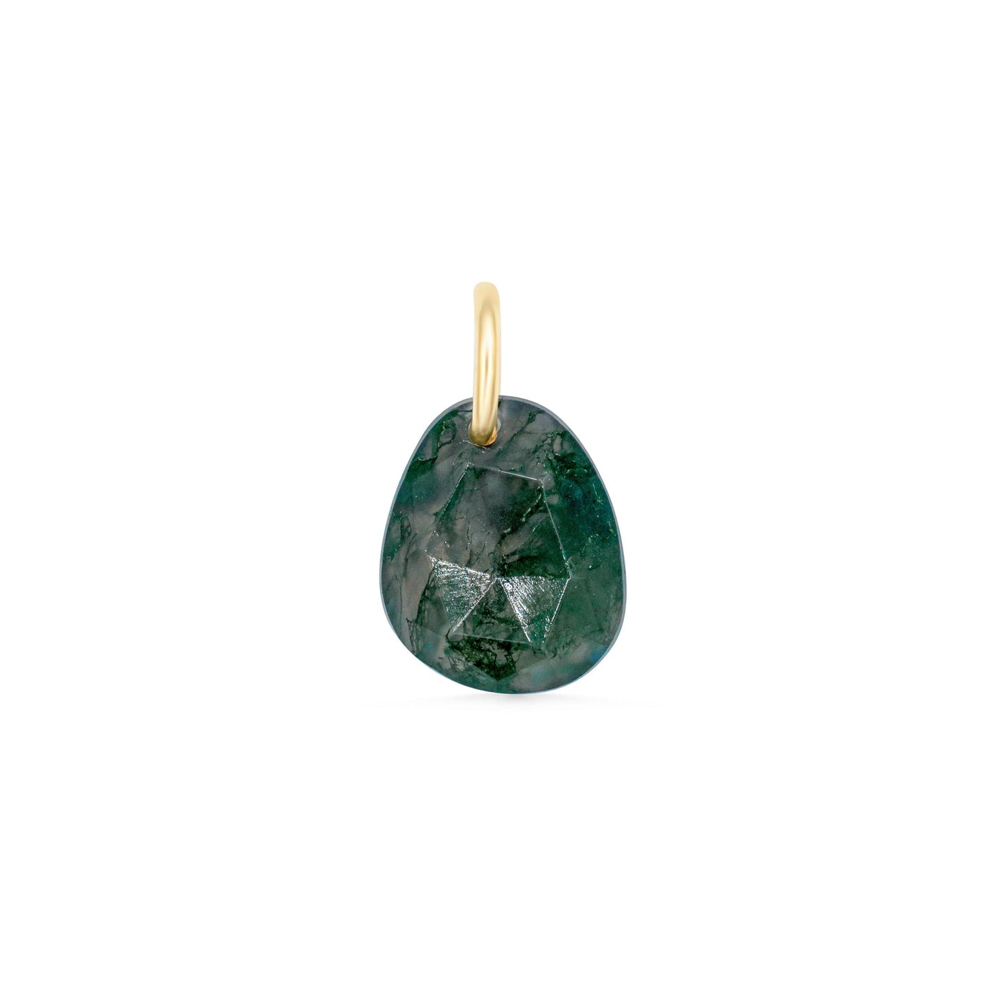 Moss Agate pendant with natural green and brown patterns, hanging from a silver chain, showcasing earthy gemstone jewelry.