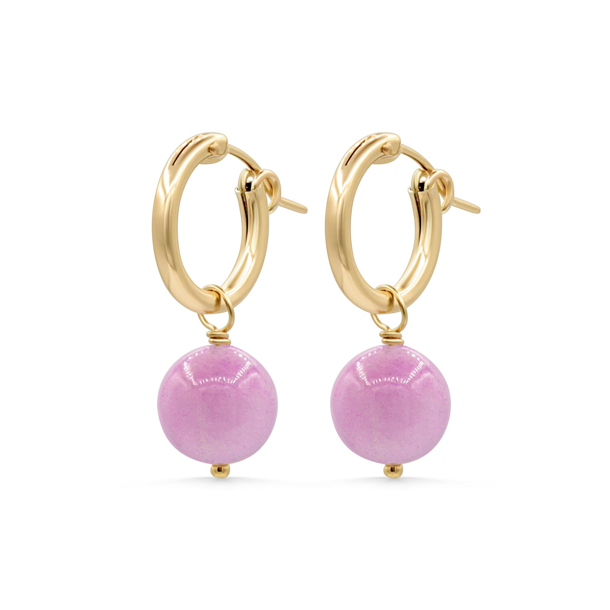 Kunzite hoop earrings in 14K gold-filled setting, featuring pink kunzite gemstones on elegant hoop earrings.