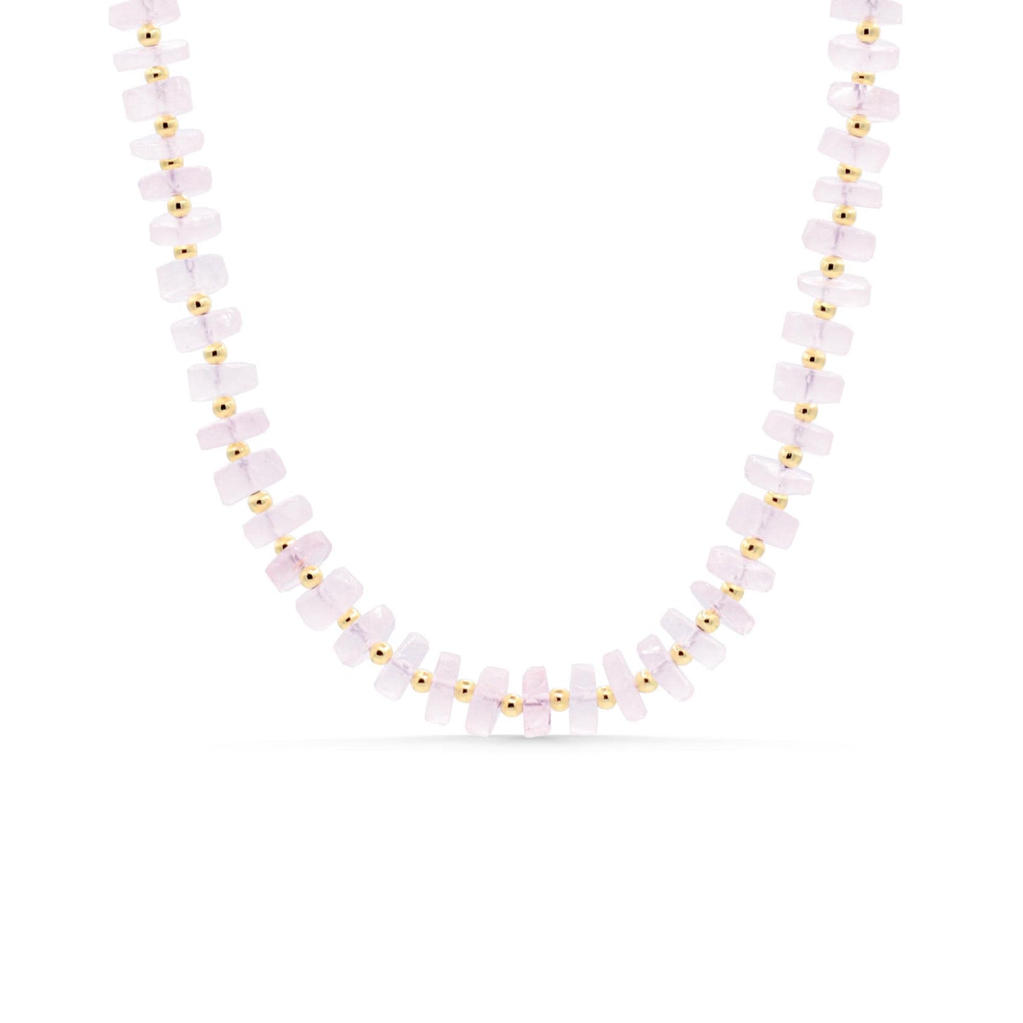 Earthly Abundance Soft Love Rose Quartz necklace with a polished pink gemstone pendant on a delicate chain.