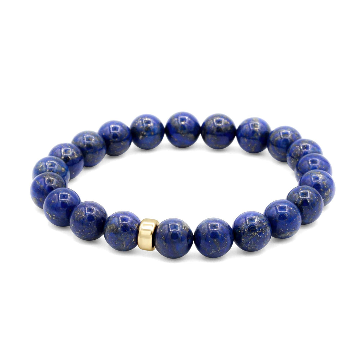Lapis Lazuli bracelet with 10mm beads and 14K gold accents, featuring deep blue stones with gold details.