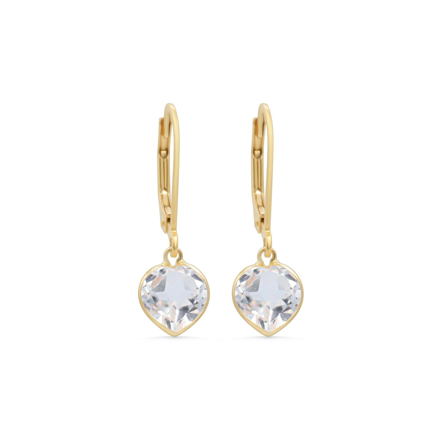 White Topaz heart-shaped earrings in 14K gold with a delicate design, showcasing sparkling gemstones on a white background.