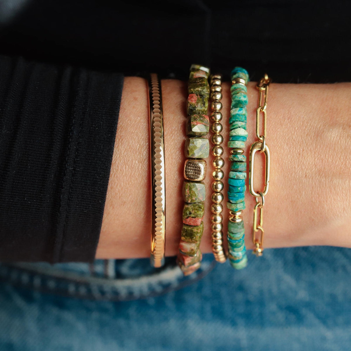 Heishi Chrysocolla bracelet with 14K gold-filled accents from Earthly Abundance, featuring smooth blue-green gemstone beads.