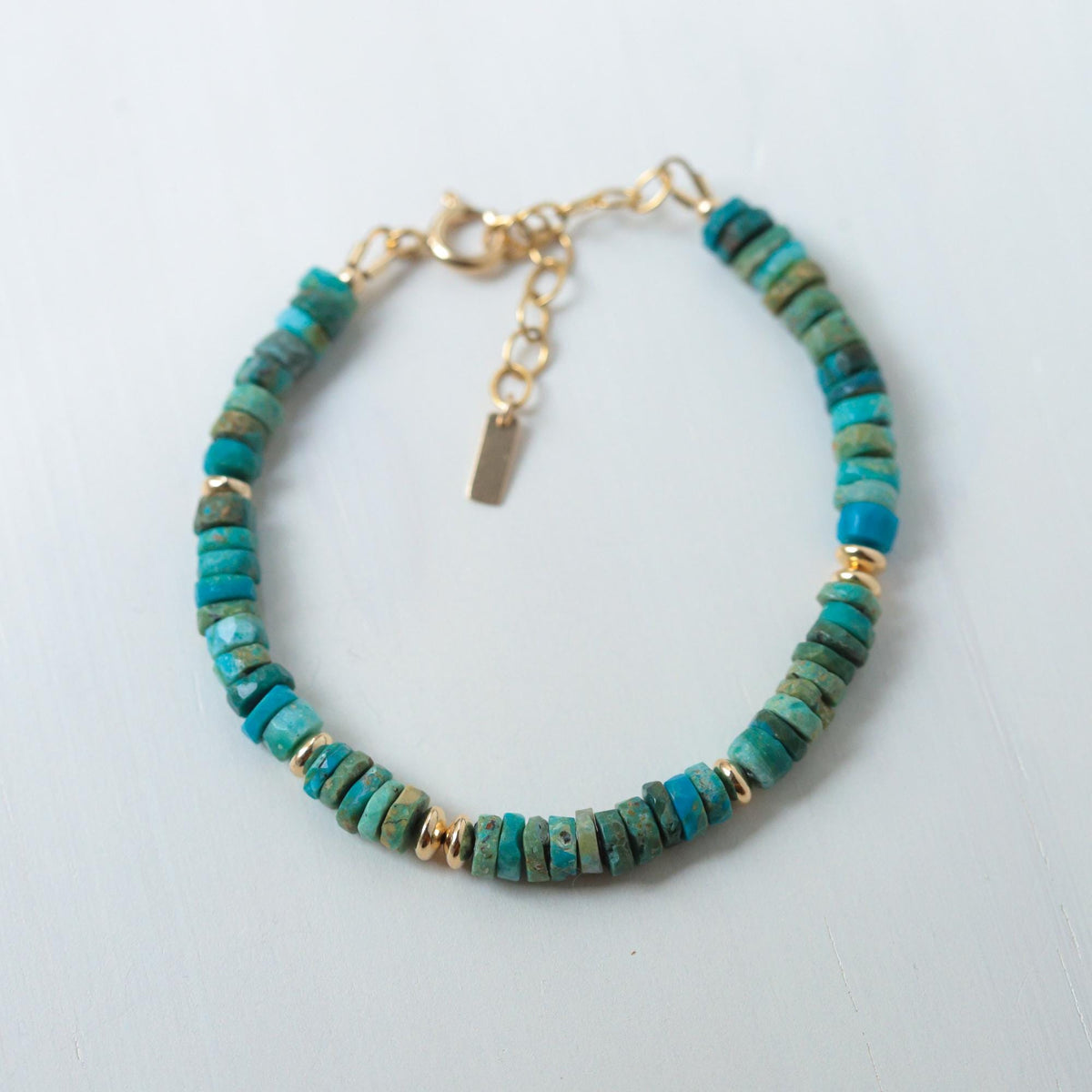 Heishi Chrysocolla bracelet with 14K gold-filled accents from Earthly Abundance, featuring round blue-green gemstone beads.
