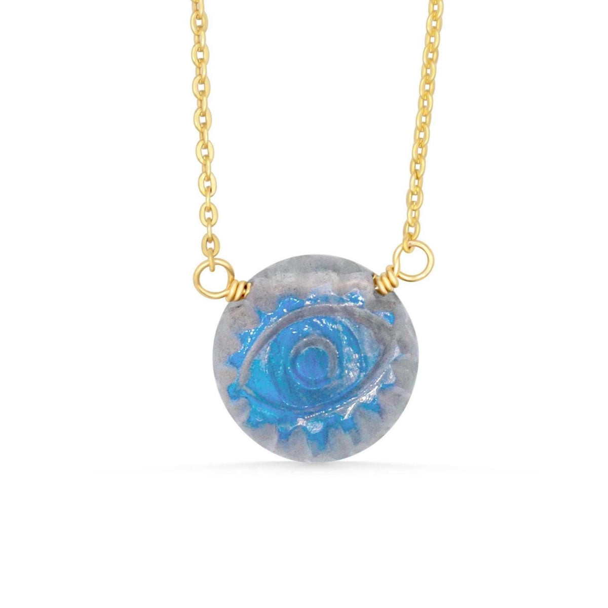Evil eye labradorite pendant necklace by Earthly Abundance featuring a shimmering labradorite stone with protective evil eye design.