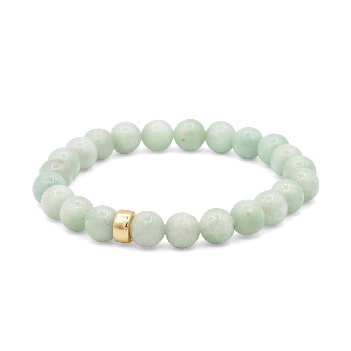 Jadeite clover bracelet with green jade beads and silver clasp, designed by Earthly Abundance, on a white background.