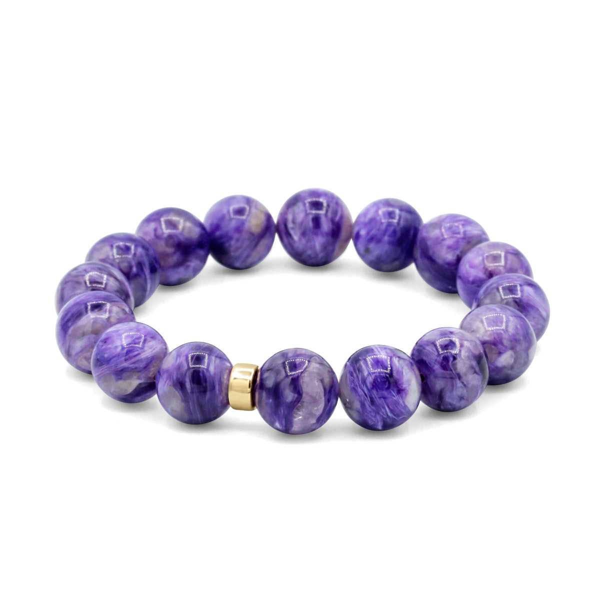 AAA+ grade 12mm Charoite gemstone bead from Earthly Abundance, showcasing vibrant purple swirls and polished smooth surface.