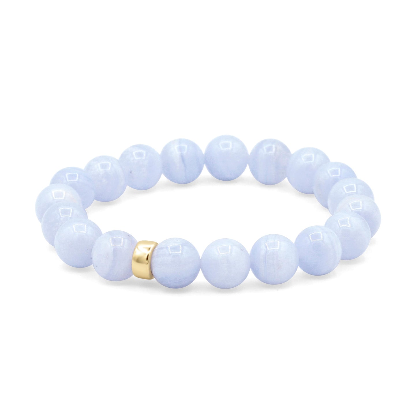 Blue lace agate 10mm gemstone beads from Earthly Abundance, showcasing smooth, polished blue and white banded agate stones.