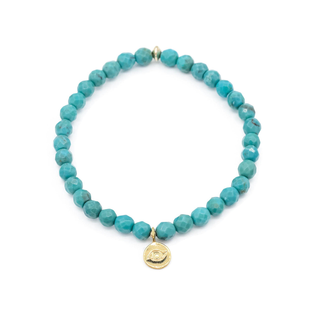 Turquoise evil eye protection bracelet from Earthly Abundance featuring a string of turquoise beads with a central evil eye charm.