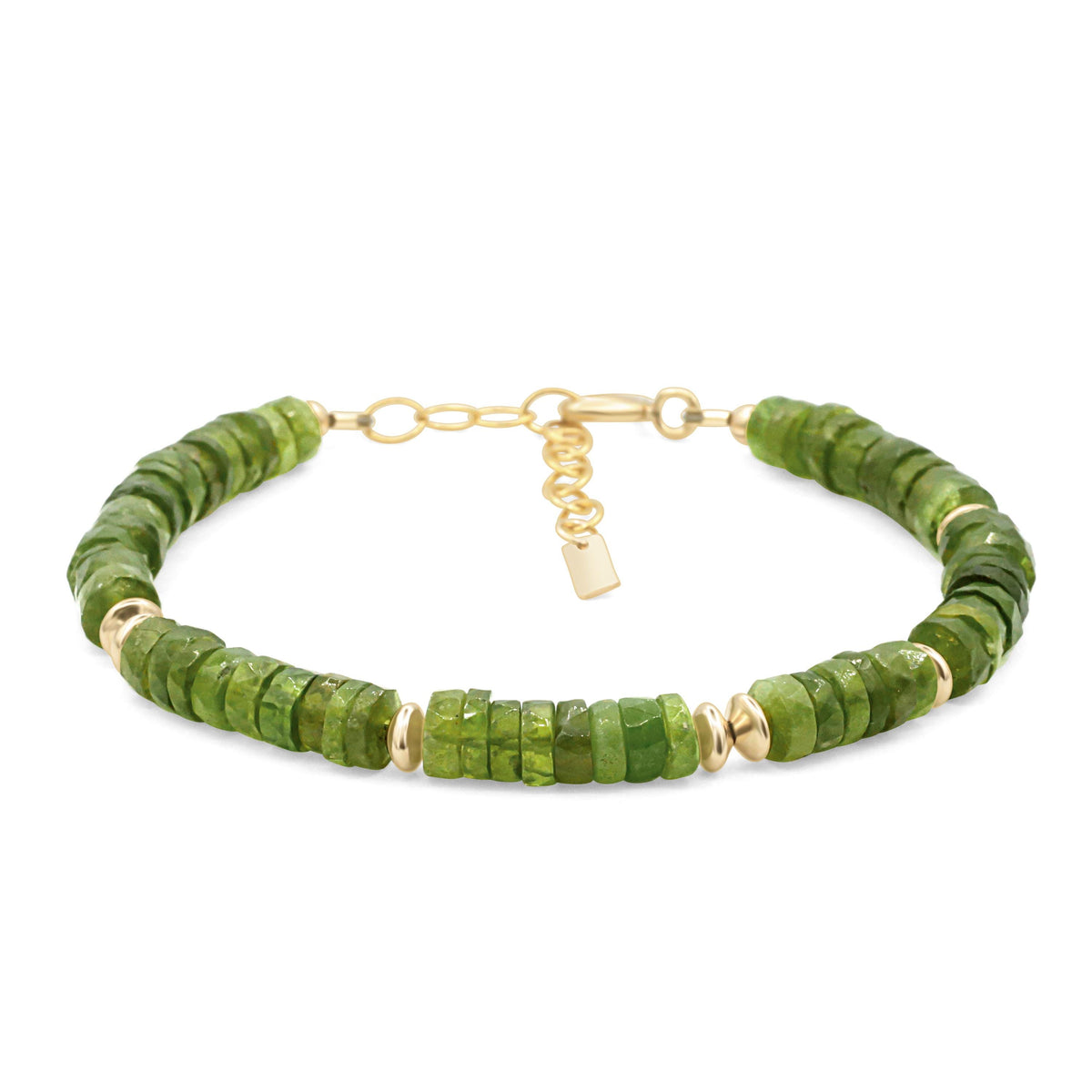 Vessonite beaded bracelet with 14K gold-filled accents, featuring earthy green beads and elegant design from Earthly Abundance.