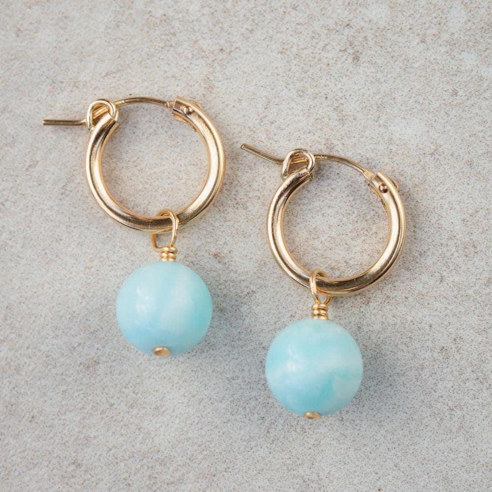 Hemimorphite hoop earrings with 14K gold filled ear hoops, featuring vibrant blue-green stones, from Earthly Abundance.