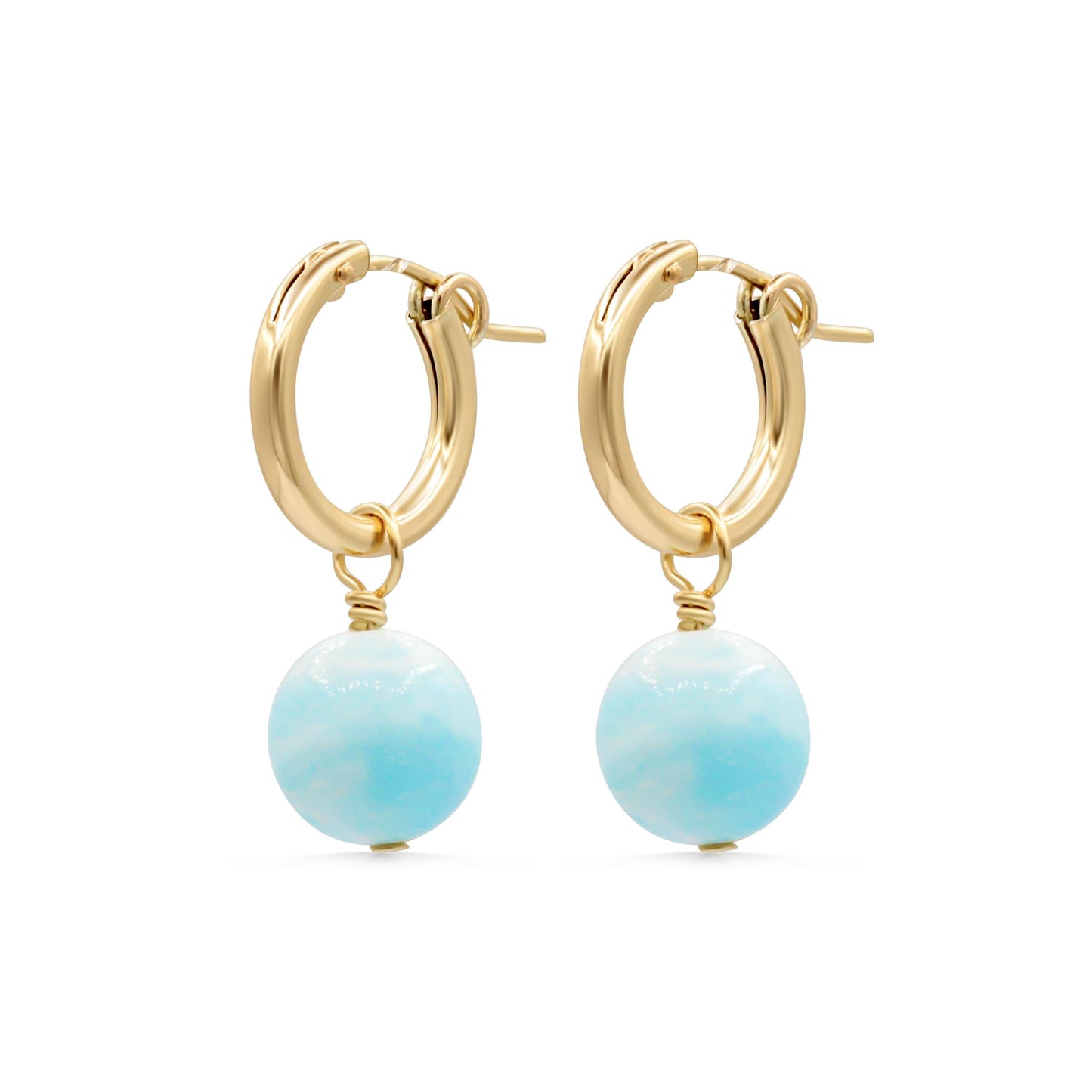 Hemimorphite hoop earrings with 14K gold-filled hooks, featuring vibrant blue-green stones and a polished finish.