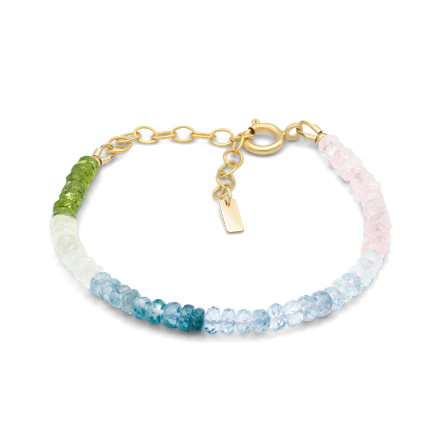 Assorted gemstone jewelry featuring Peridot, Prehnite, Aquamarine, Blue Zircon, and Morganite set in 14K gold filled jewelry.