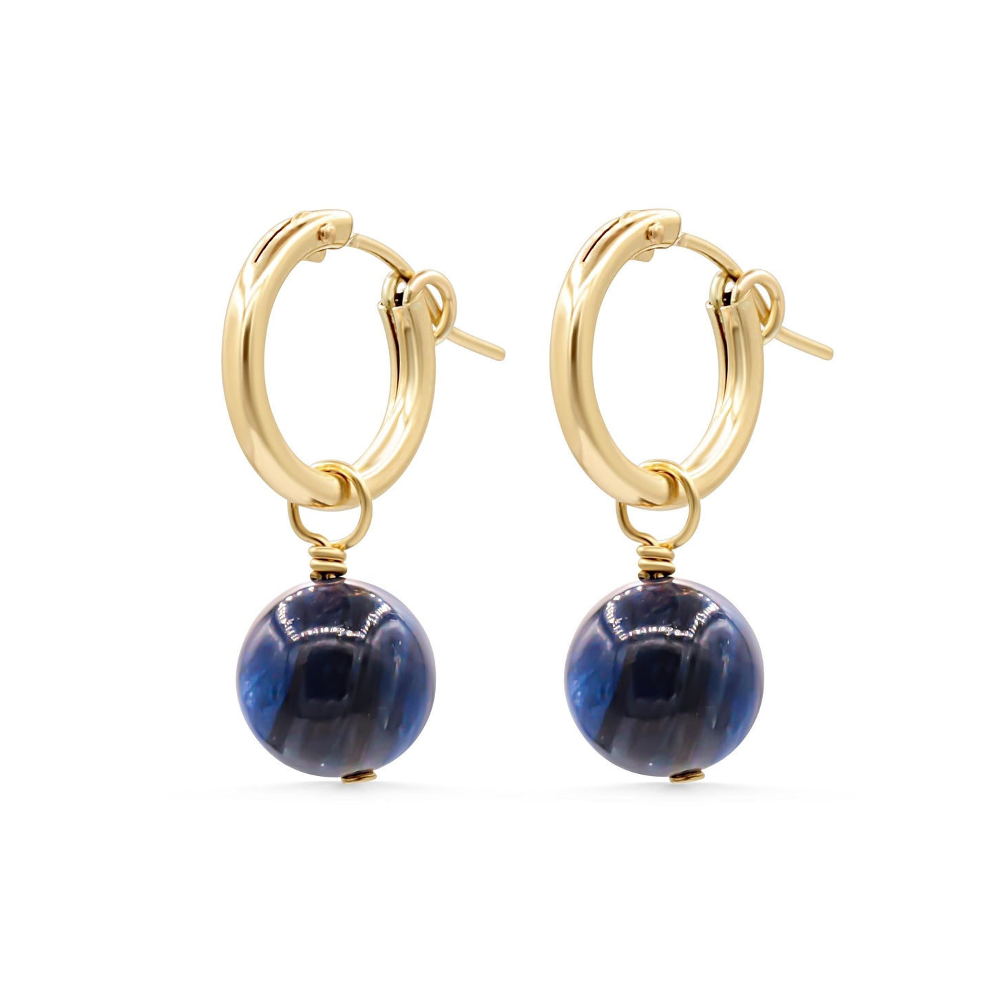 Kyanite hoop earrings in 14K gold filled with natural blue kyanite stones and gold hoop setting, elegant jewelry accessory.