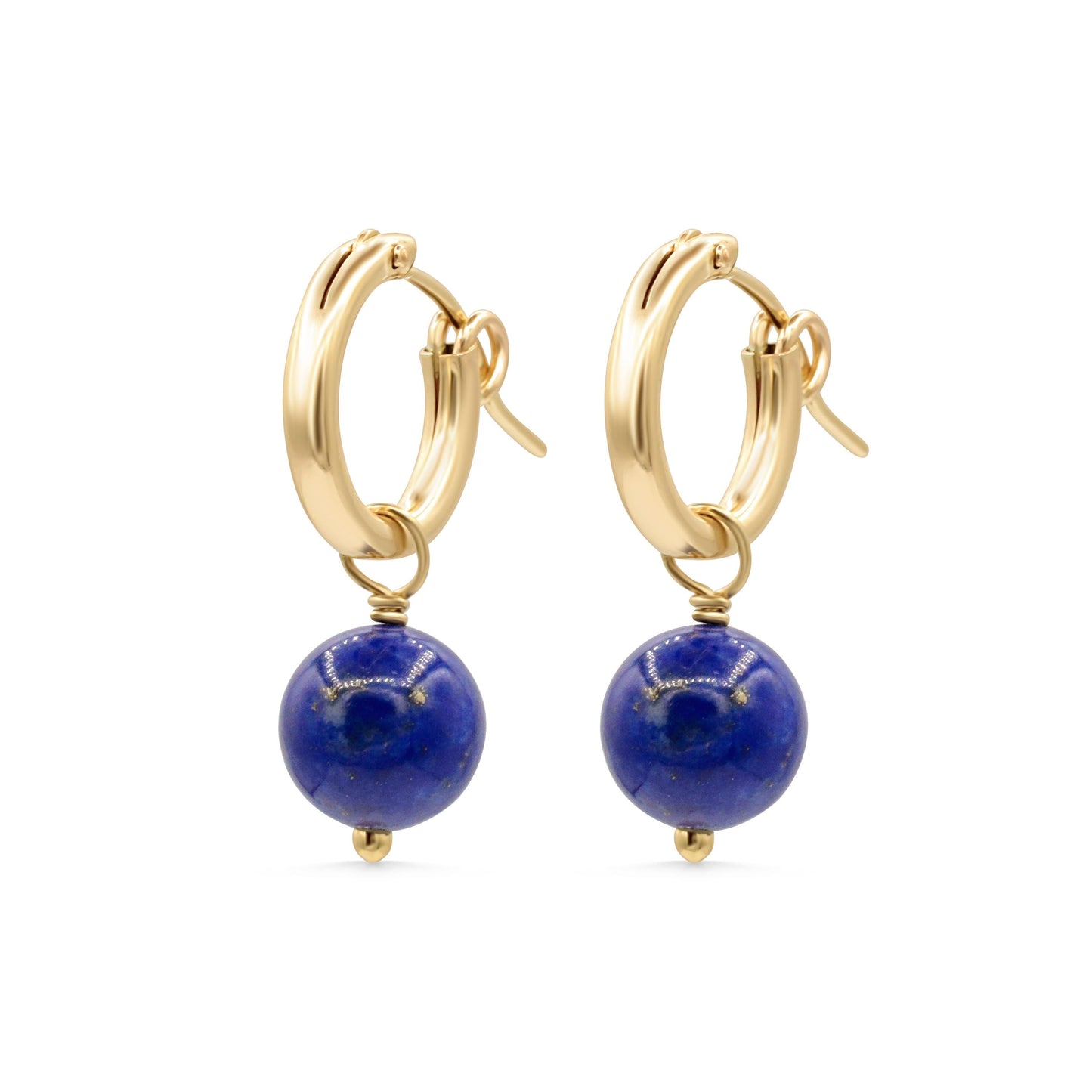 Lapis Lazuli ball hoop earrings with 14K gold-filled setting from Earthly Abundance, featuring deep blue stones in a circular design.