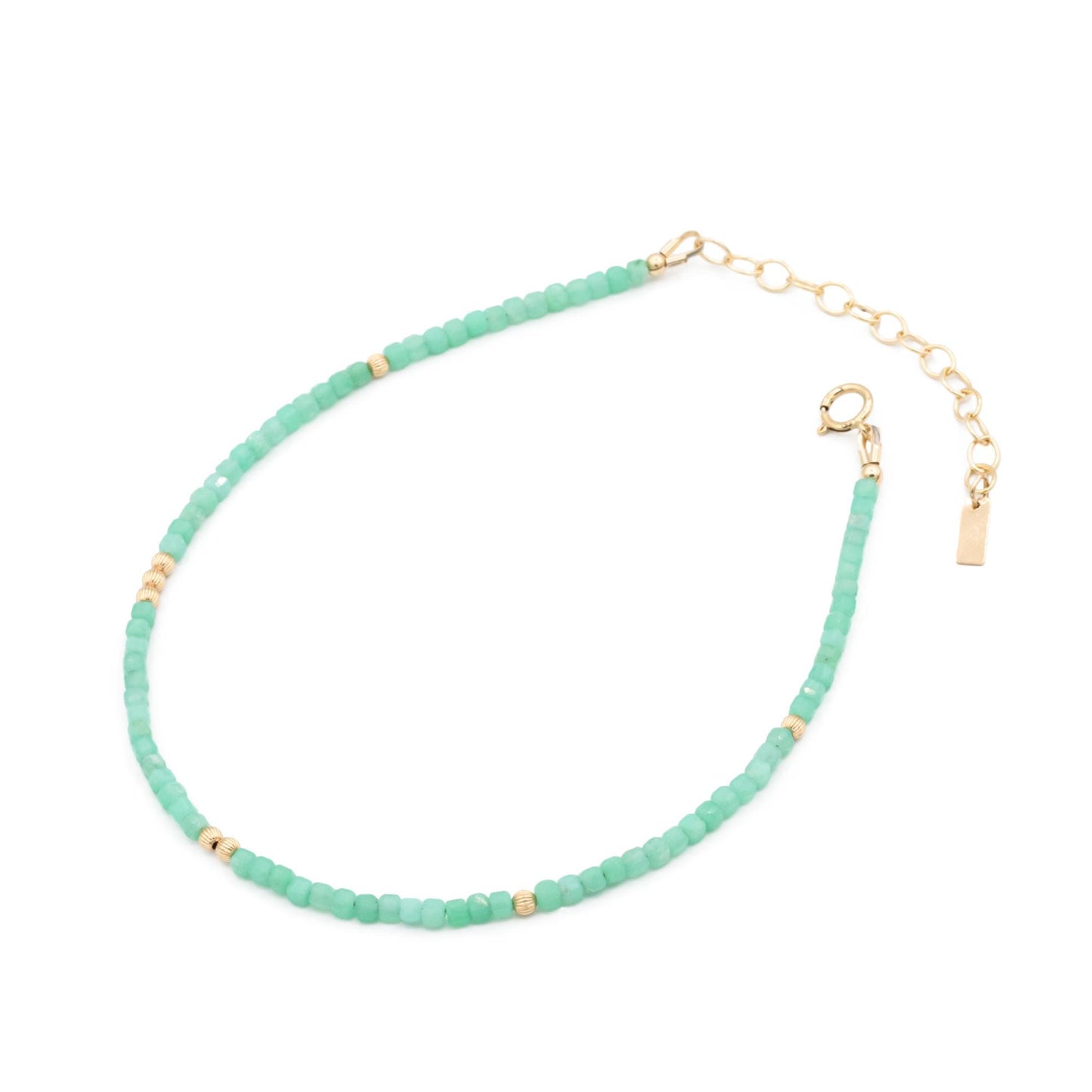 Vibrant apple-green Chrysoprase anklet from Earthly Abundance featuring polished gemstone beads on a delicate silver chain.