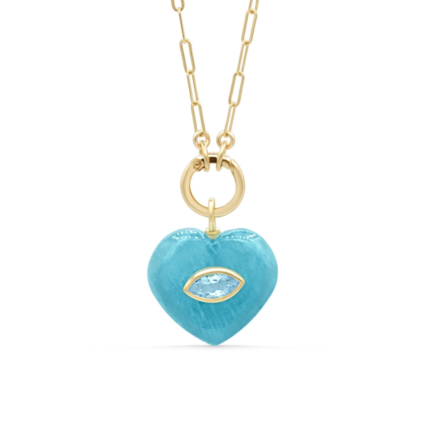 Clear heart-shaped Amazonite pendant necklace with silver chain from Earthly Abundance displayed against a neutral background.