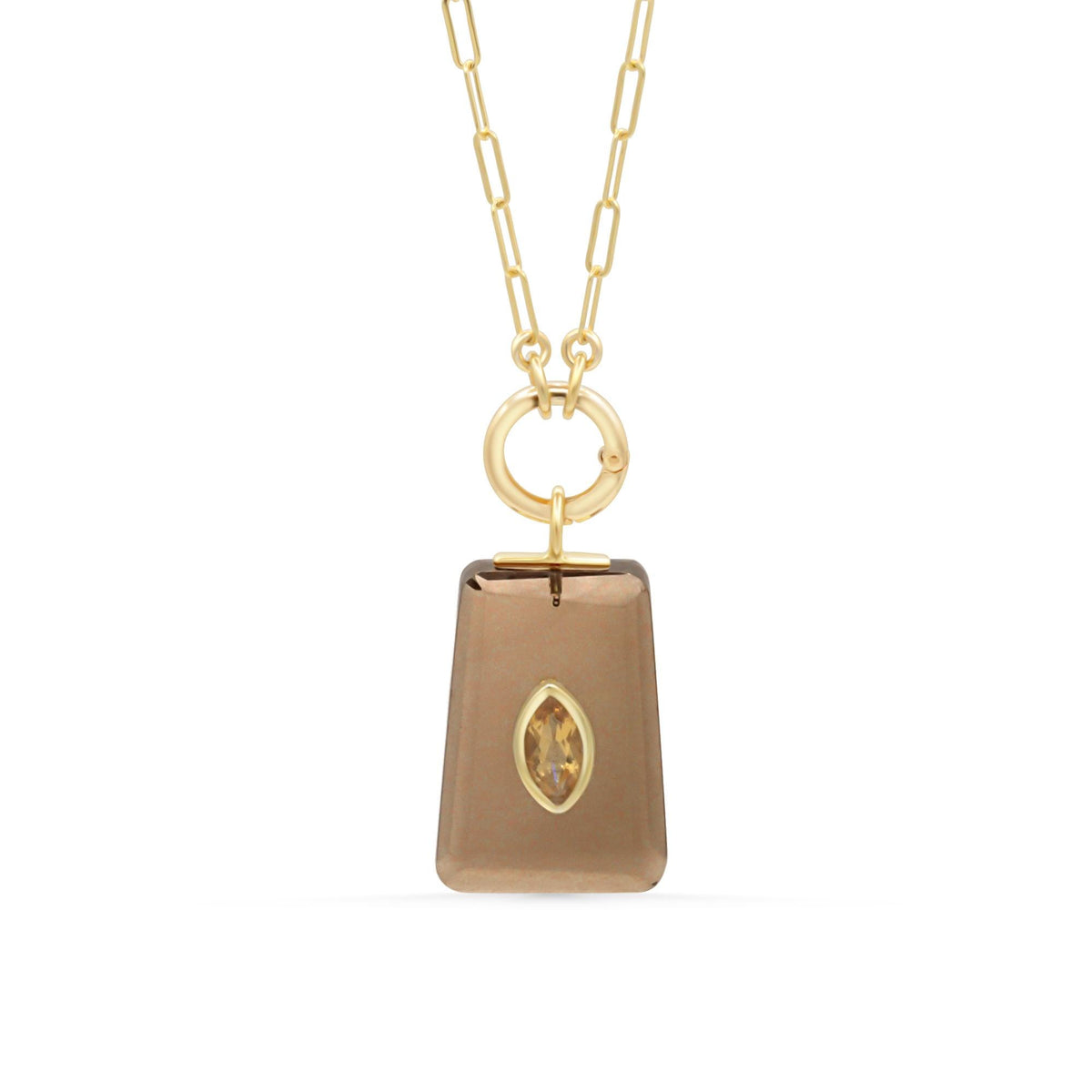 Golden Depth Smoky Quartz necklace featuring a large, polished smoky quartz pendant on a delicate chain by Earthly Abundance