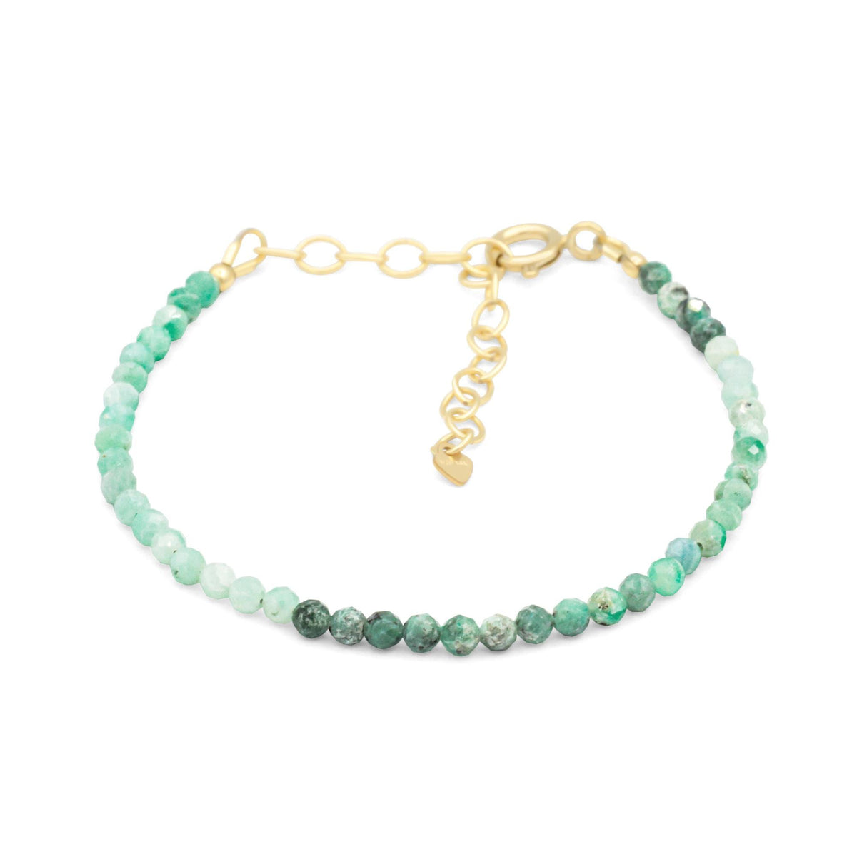 Ombre emerald bracelet with 14K gold-filled links, showcasing gradient green gemstones and elegant craftsmanship.