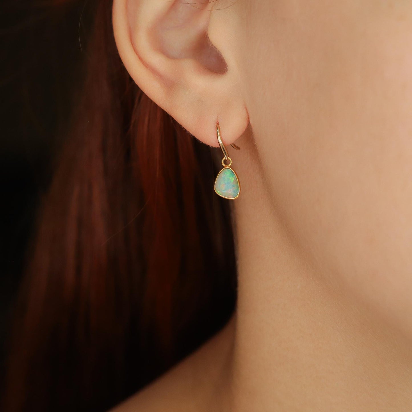 Ethiopian Opal earrings in 14K gold with elegant, natural gemstone settings, showcasing the Effortless Beauty collection by Earthly Abundance.