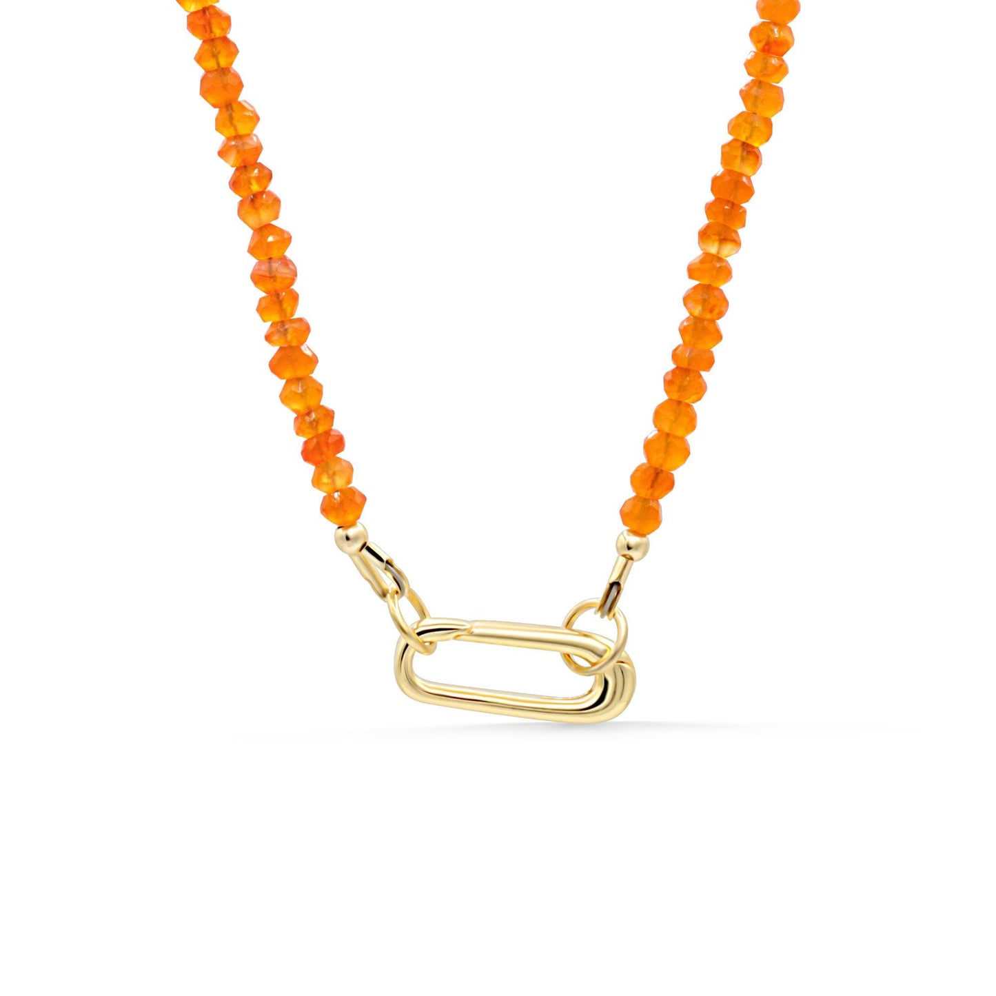 Carnelian gemstone carabiner necklace from Earthly Abundance featuring a vibrant orange-red stone on a silver chain.