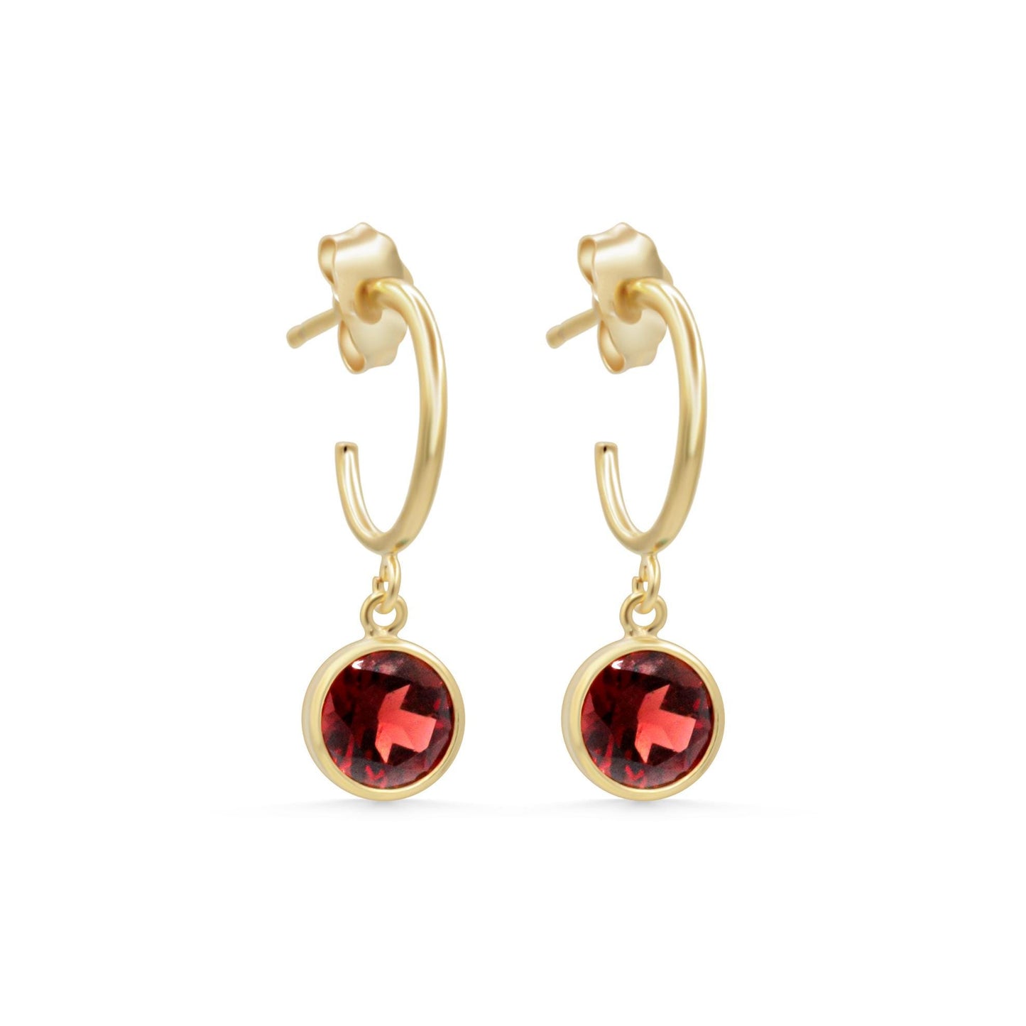 Garnet hoop earrings in 14K gold-filled setting, featuring vibrant red garnet stones and elegant hoop design by Earthly Abundance