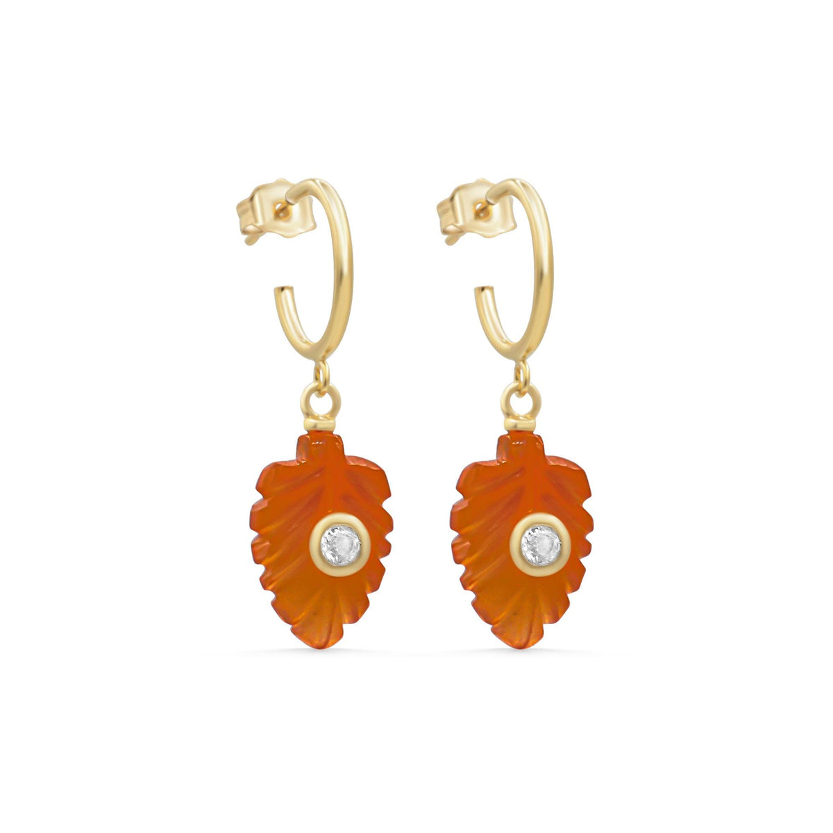 Earthly Abundance Carnelian White Topaz earrings featuring vibrant orange-red stones and sparkling white topaz accents.