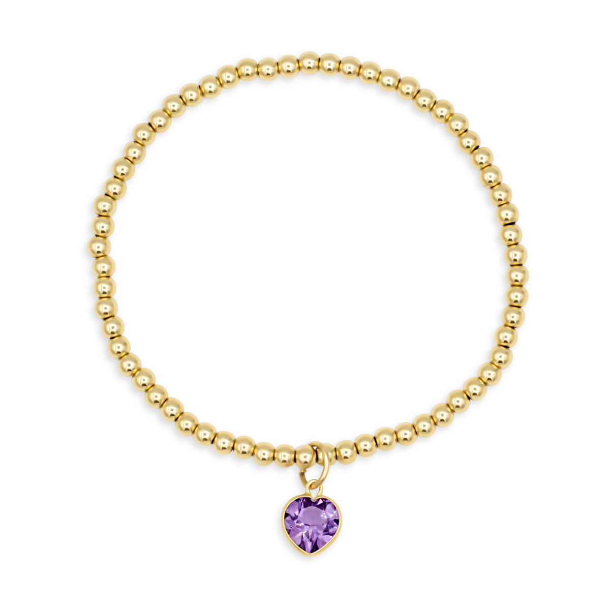 Gold filled bracelet featuring a 14K amethyst heart charm, crafted by Earthly Abundance, with intricate detailing and a polished finish.