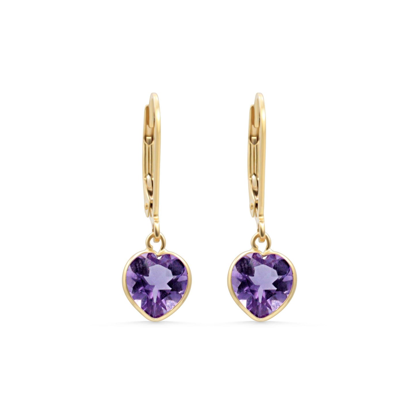 African Amethyst Heart Earrings in 14K gold from Earthly Abundance, featuring elegant heart-shaped amethyst stones and gold hooks.