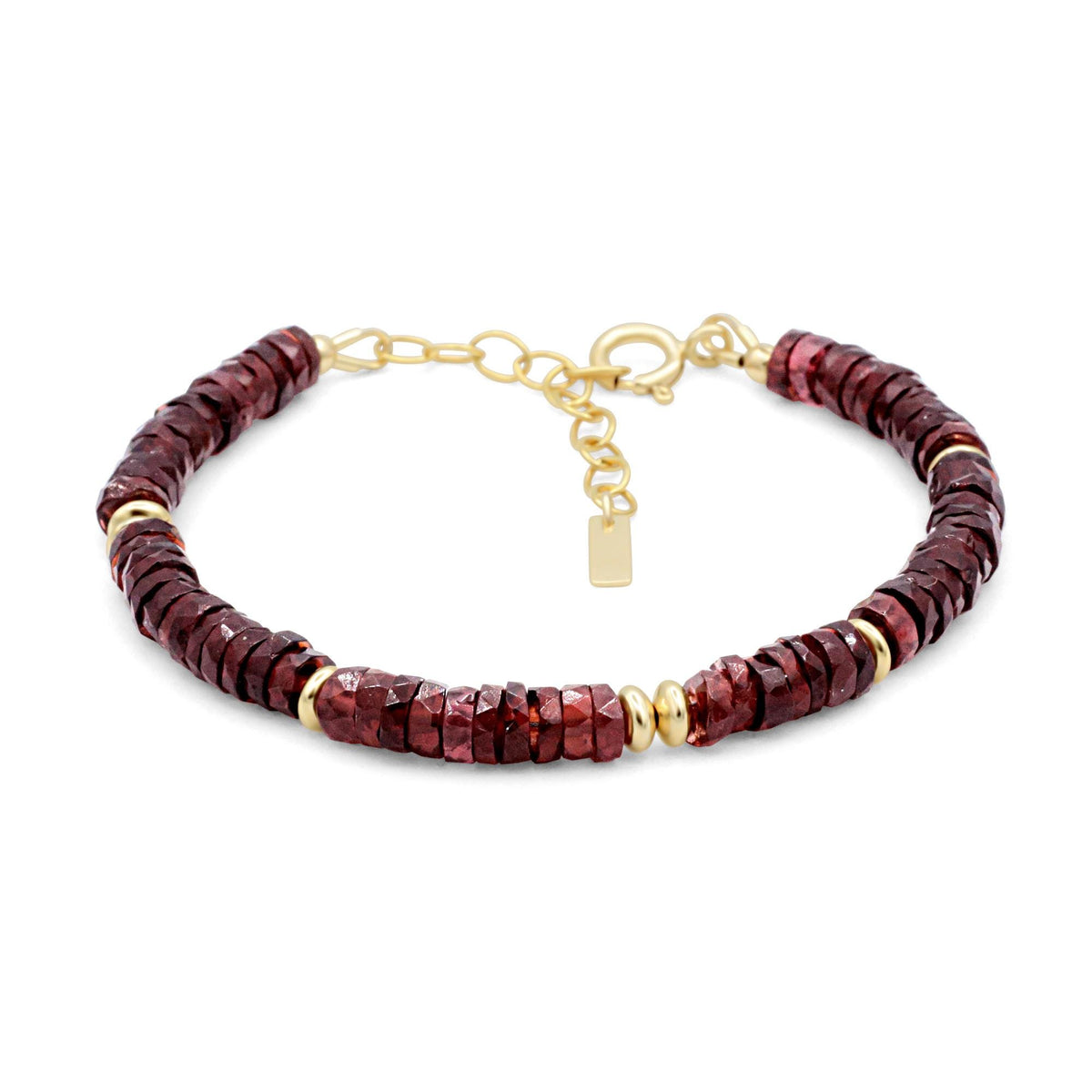 Earthly Abundance Devotion Garnet bracelet featuring polished red garnet beads on an elastic cord, close-up view.