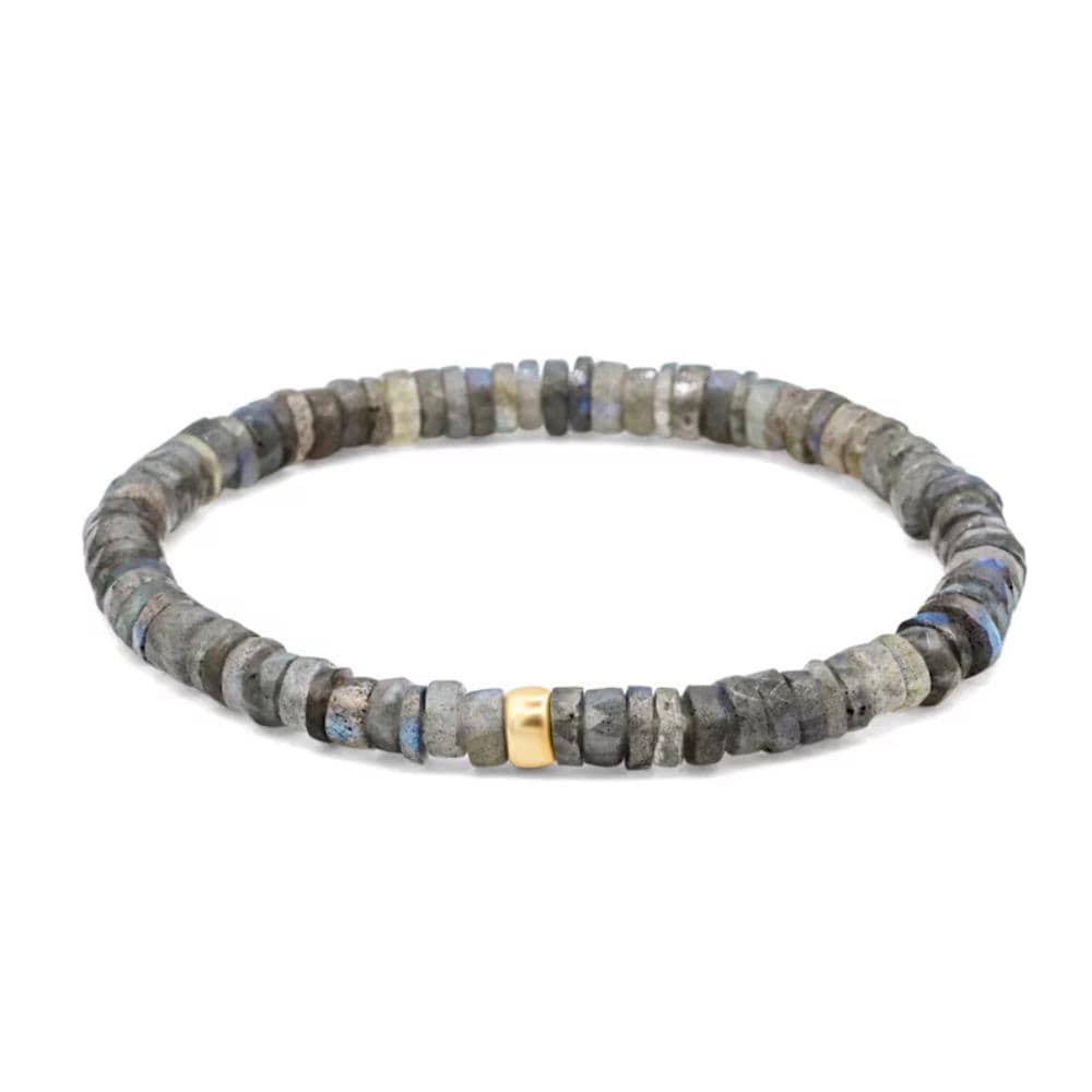 Labradorite Moon Heishi Bracelet by Earthly Abundance featuring round labradorite beads and moon-shaped accents on an elastic band.