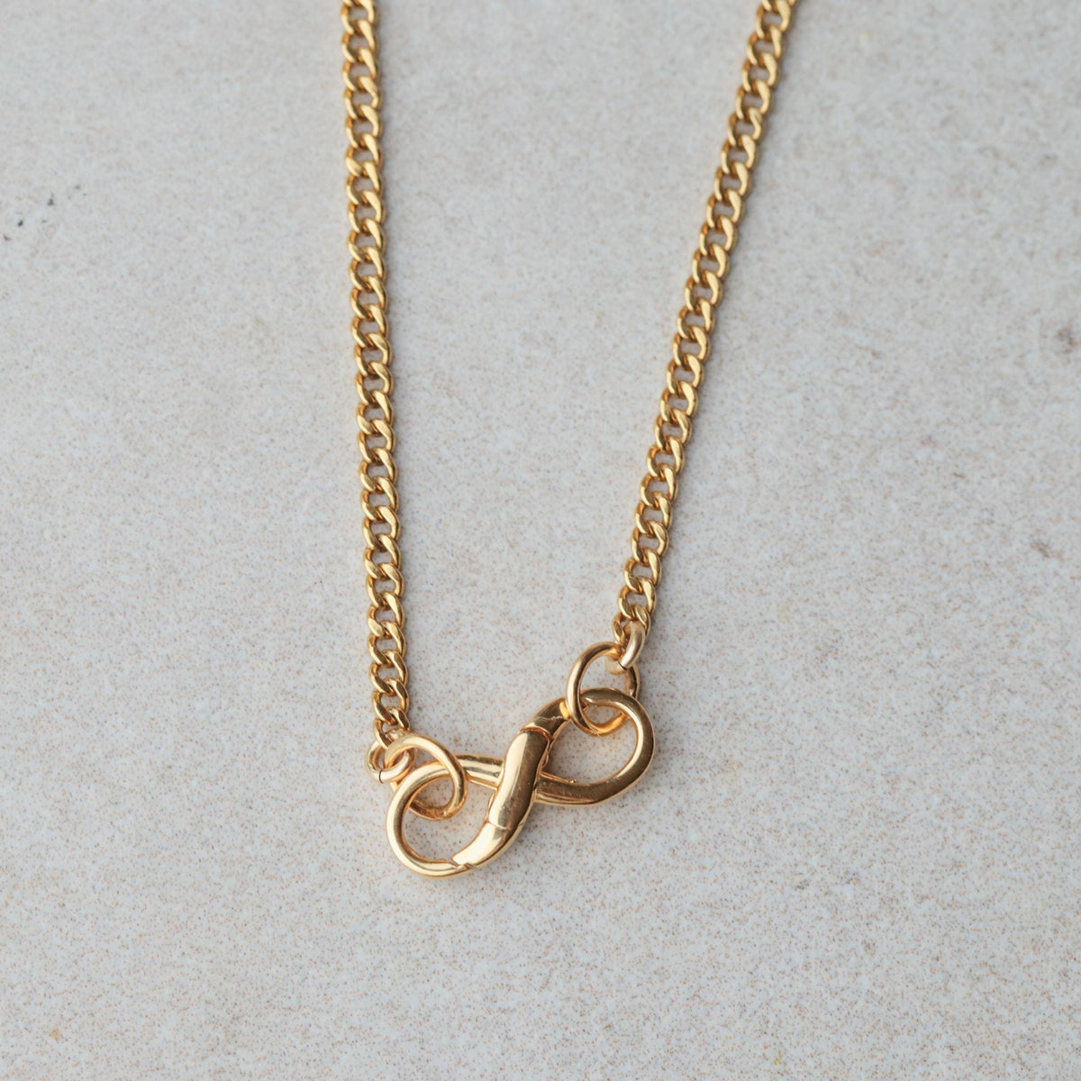 Earthly Abundance infinity clasp curb chain necklace featuring a sleek, interconnected metal chain with infinity clasp detail.