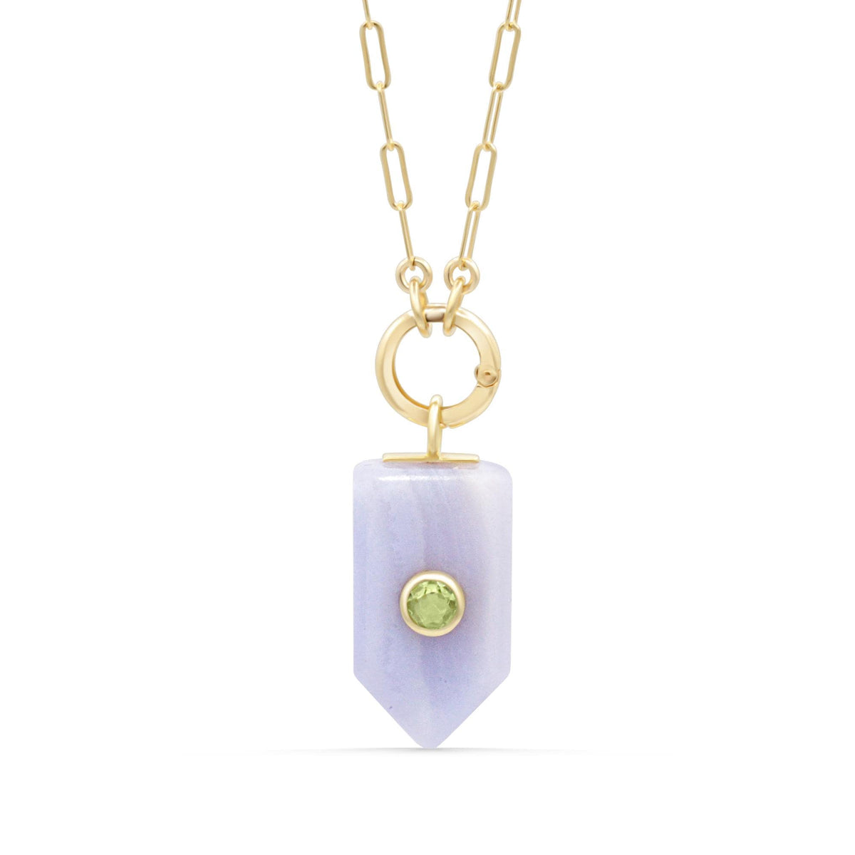 Horizon Blue lace and Peridot necklace from Earthly Abundance, featuring intricate lace design and green gemstone accents.