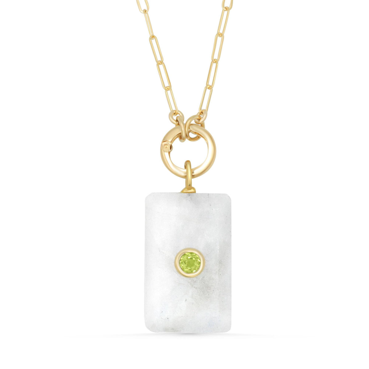 Earthly Abundance Moonlight Bar Moonstone pendant with silver setting, showcasing a luminous oval-shaped gemstone on a delicate chain