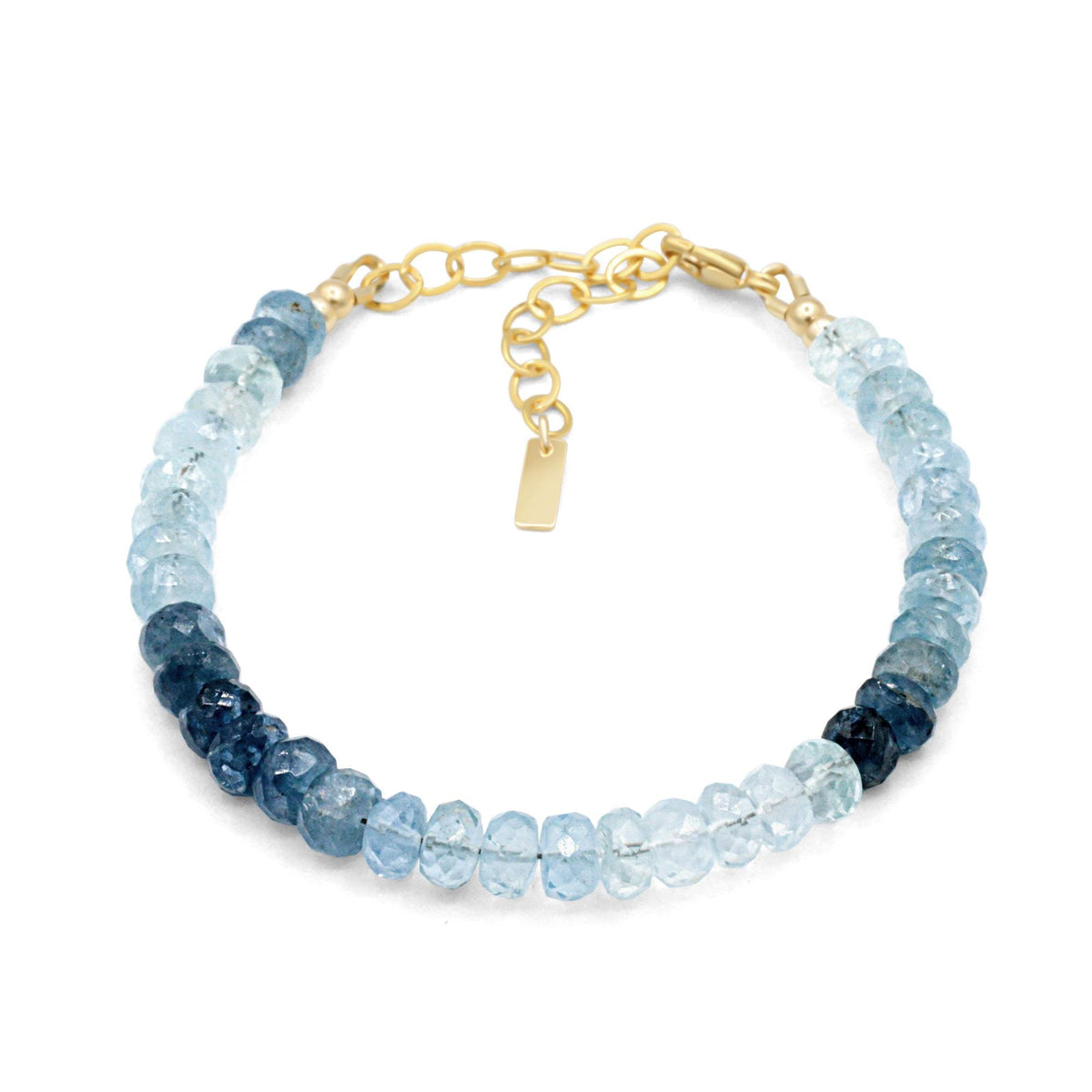 Santorini Blue Aquamarine bracelet by Earthly Abundance featuring faceted aquamarine gemstones on a delicate silver chain.