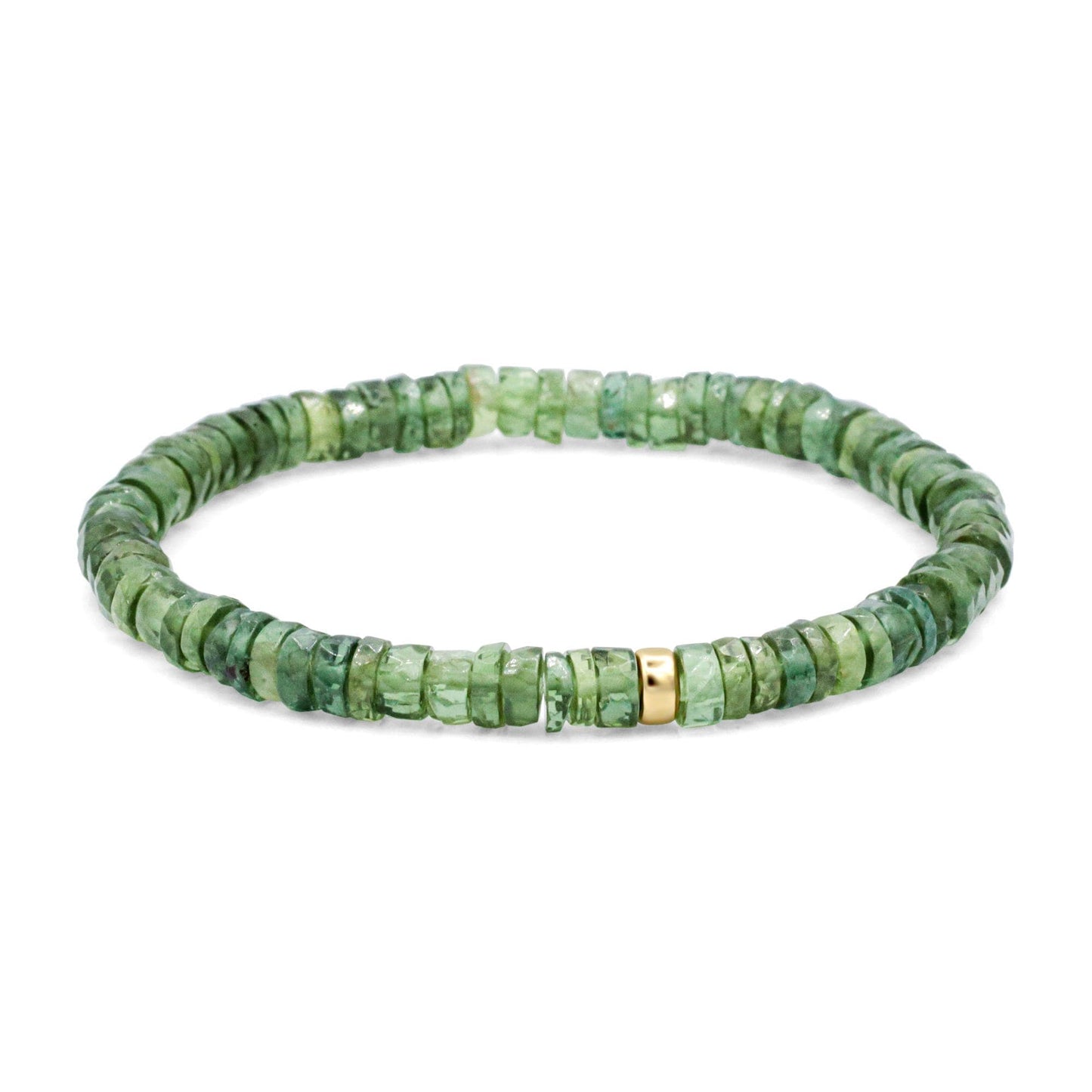 Green Apatite Heishi bracelet featuring small, round green apatite beads on a flexible string, crafted by Earthly Abundance.