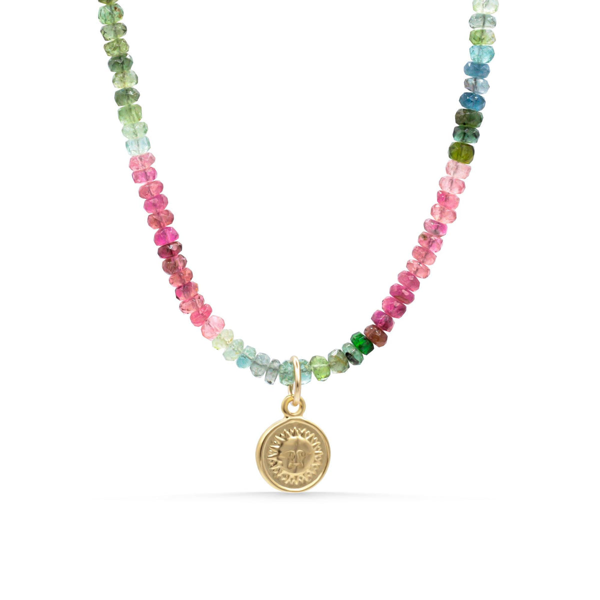 Mixed Tourmaline Sun Moon necklace by Earthly Abundance featuring colorful gemstone sun and moon pendants on a delicate chain.