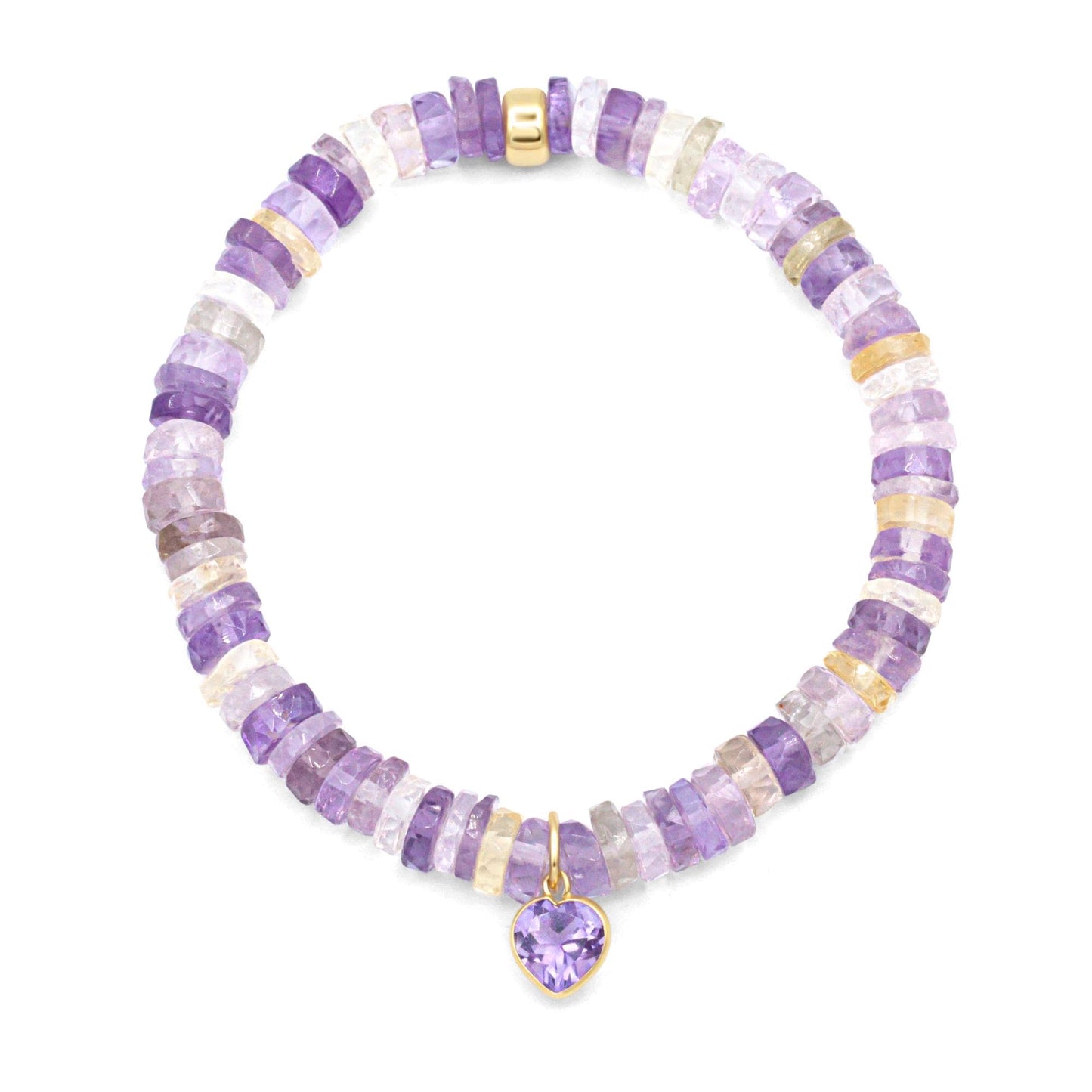 Ametrine and amethyst heart-shaped heishi bracelet featuring colorful gemstone beads, handcrafted by Earthly Abundance.