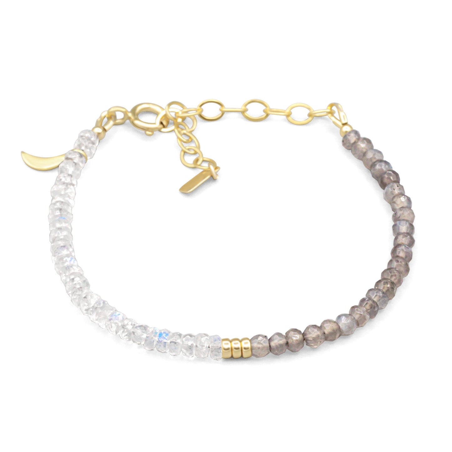 Grey and rainbow moonstone beads make up the Earthly Abundance Moonshadow Bracelet, showcasing elegant gemstone jewelry.
