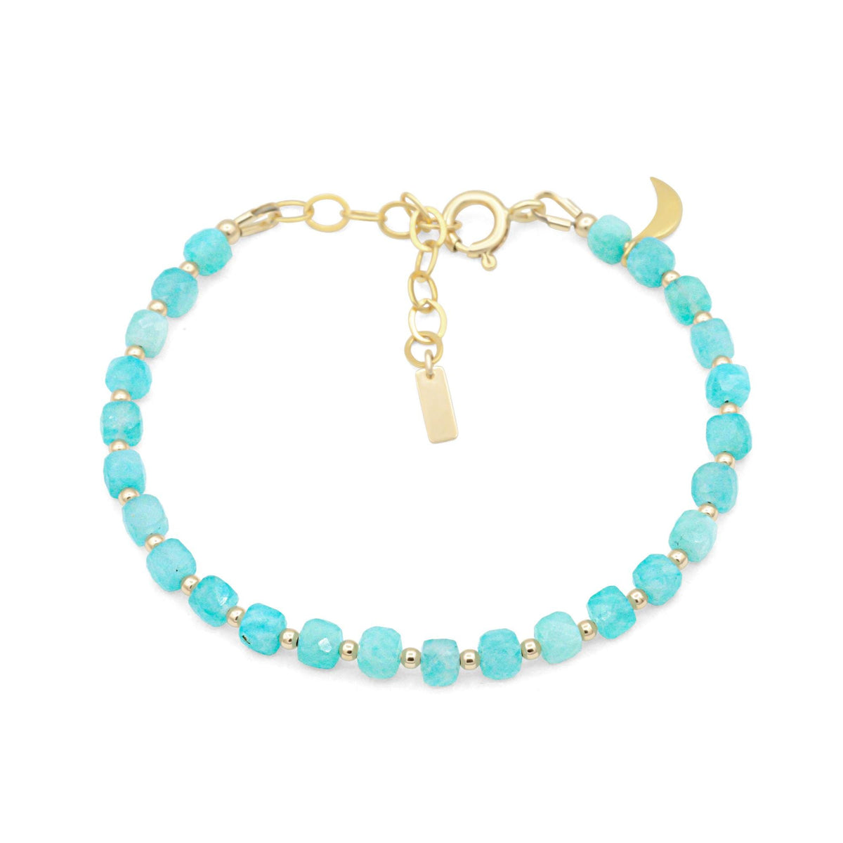 Amazonite bracelet with moon charm from Earthly Abundance, featuring blue-green gemstones and a decorative silver moon pendant.